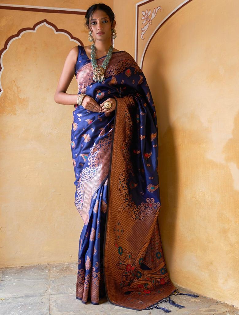 Marvellous Navy Blue Soft Silk Saree With Innovative Blouse Piece