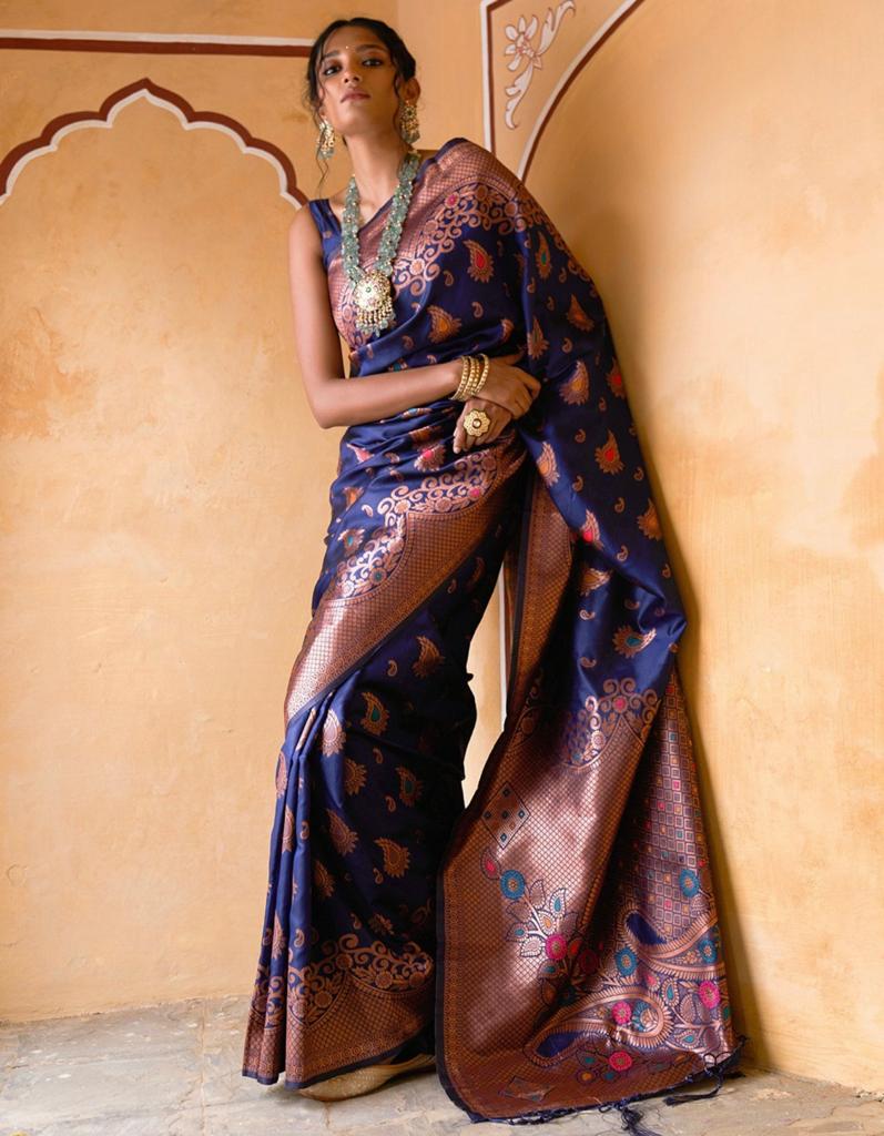 Marvellous Navy Blue Soft Silk Saree With Innovative Blouse Piece