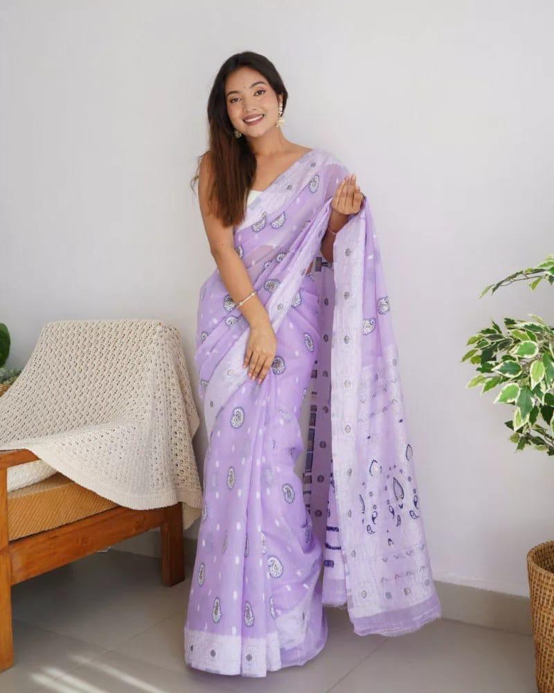 Classy Lavender Cotton Silk Saree With Precious Blouse Piece