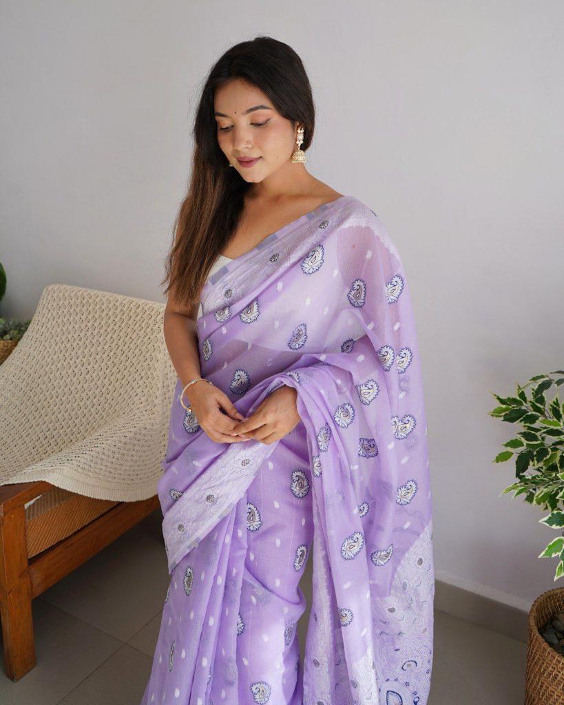 Classy Lavender Cotton Silk Saree With Precious Blouse Piece