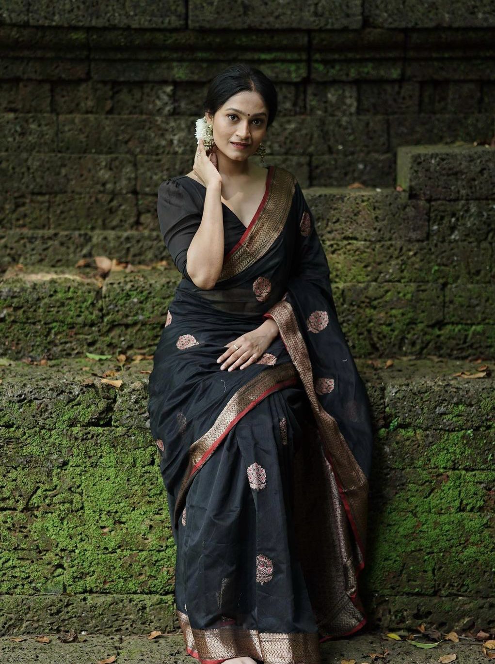 Capricious Black Soft Silk Saree With Embellished Blouse Piece