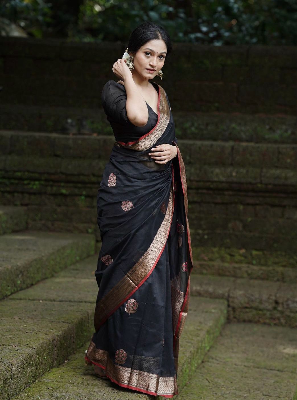 Capricious Black Soft Silk Saree With Embellished Blouse Piece