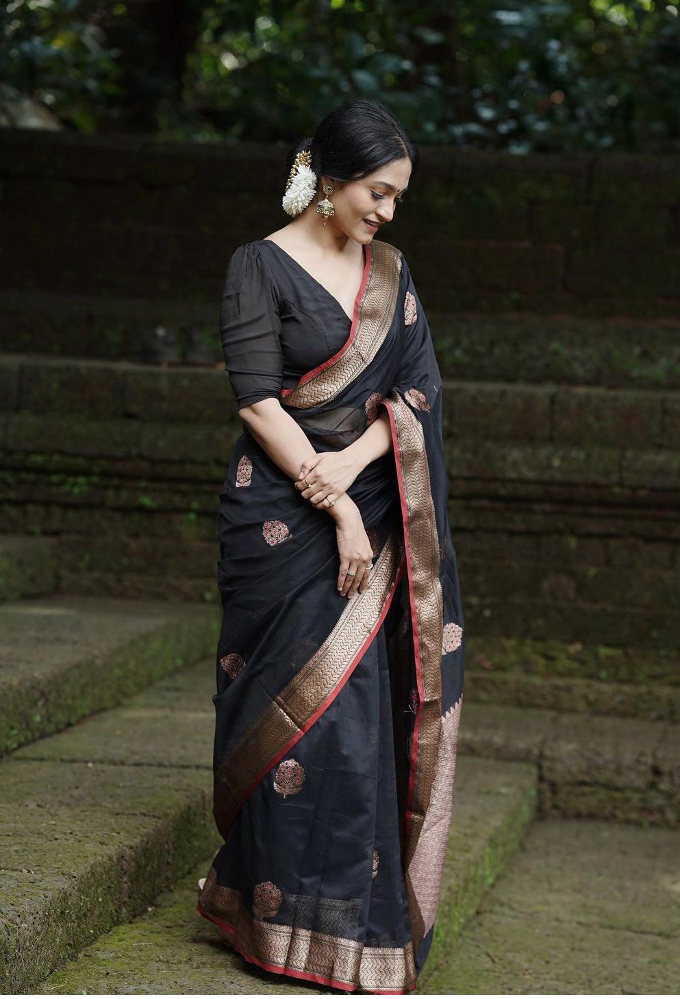 Capricious Black Soft Silk Saree With Embellished Blouse Piece