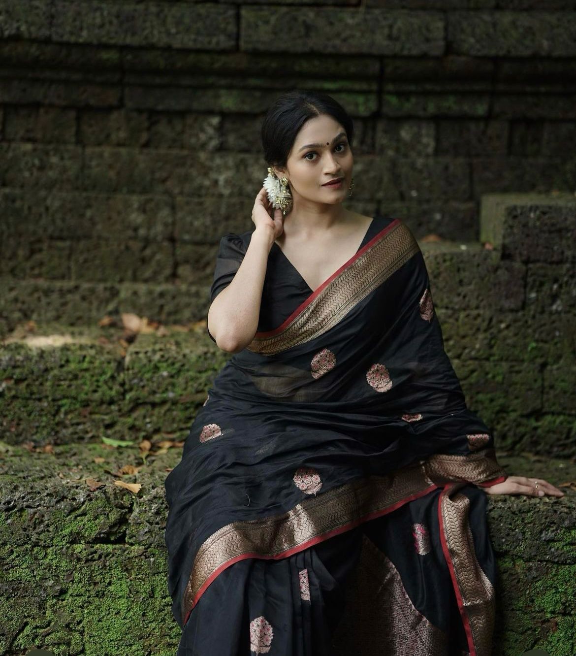 Capricious Black Soft Silk Saree With Embellished Blouse Piece