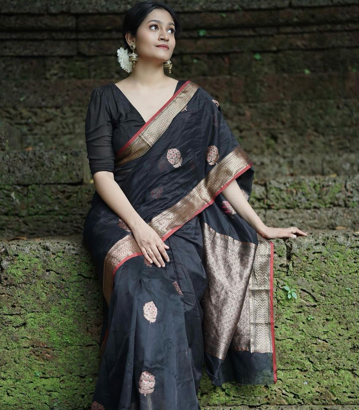 Capricious Black Soft Silk Saree With Embellished Blouse Piece