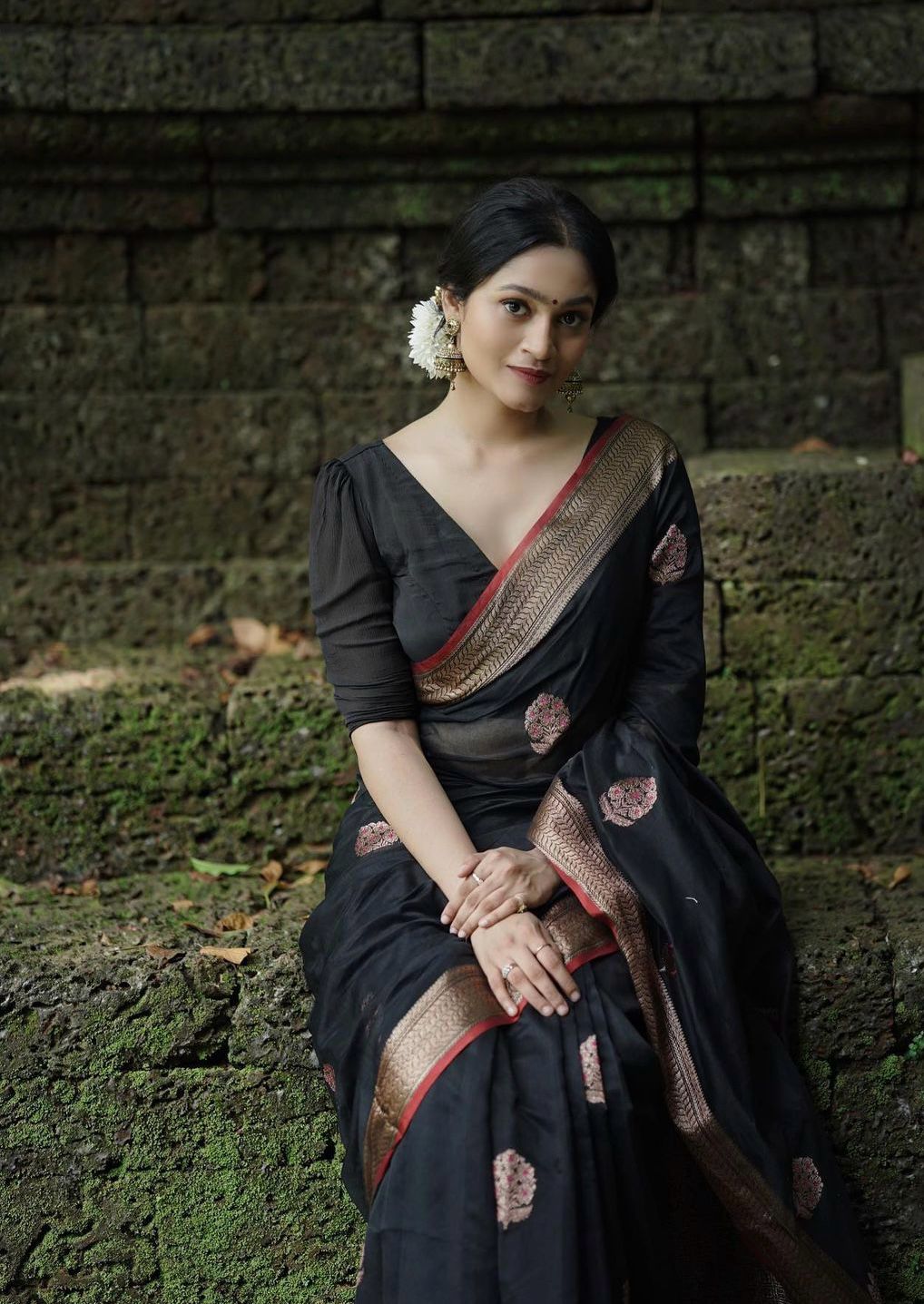 Capricious Black Soft Silk Saree With Embellished Blouse Piece