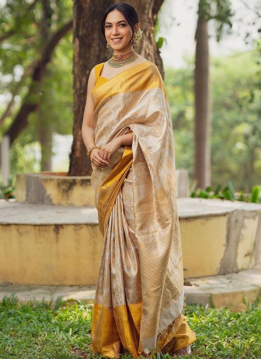 Flattering Beige Soft Silk Saree With Embellished Blouse Piece