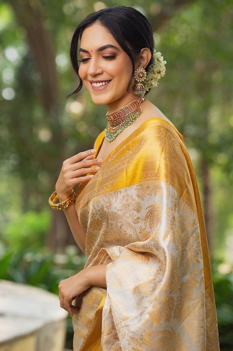 Flattering Beige Soft Silk Saree With Embellished Blouse Piece