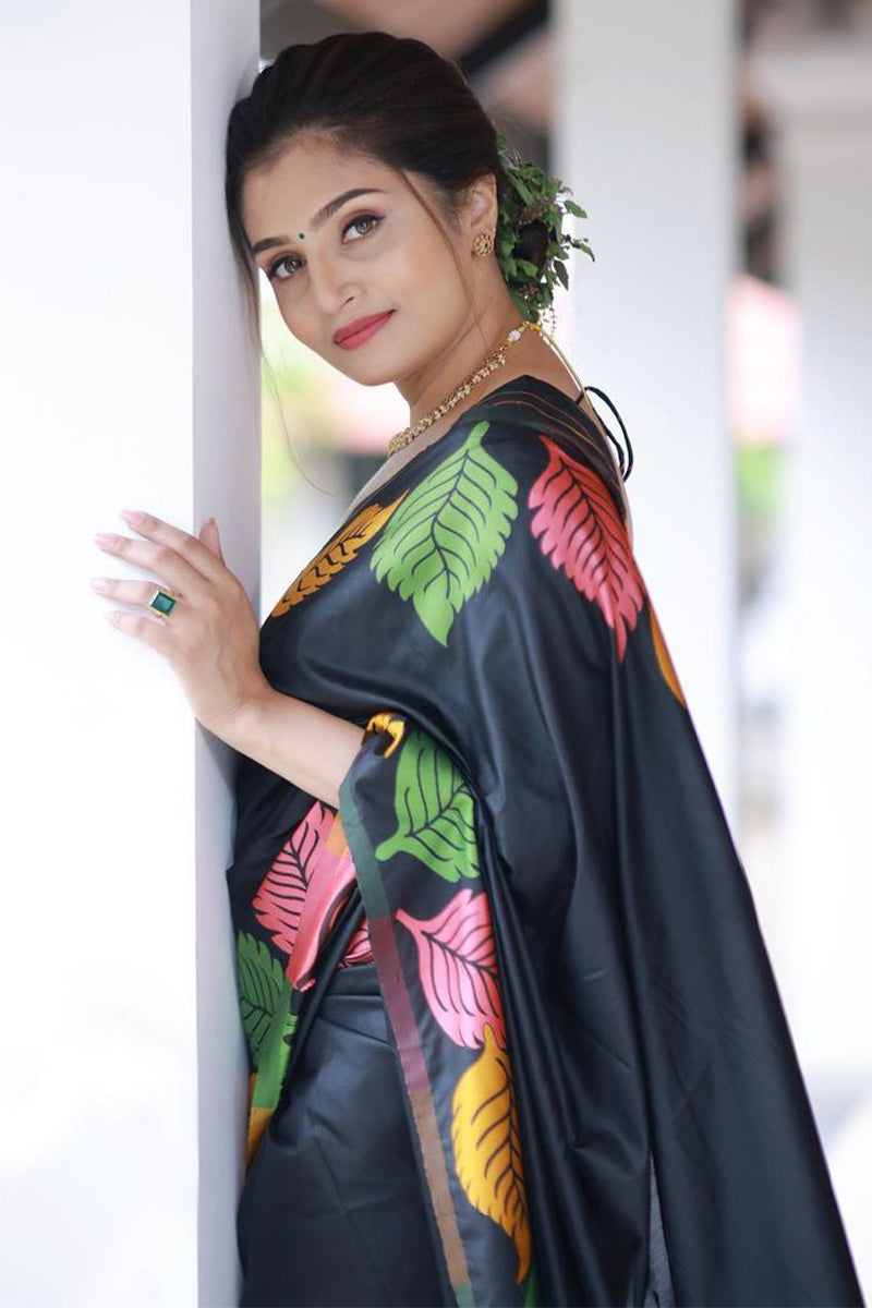 Exceptional Black Soft Silk Saree With Beautiful Blouse Piece
