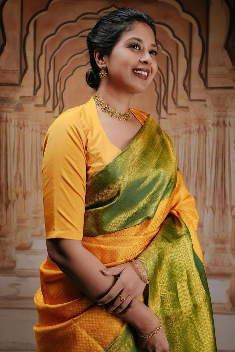 Excellent Yellow Soft Silk Saree With Engrossing Blouse Piece