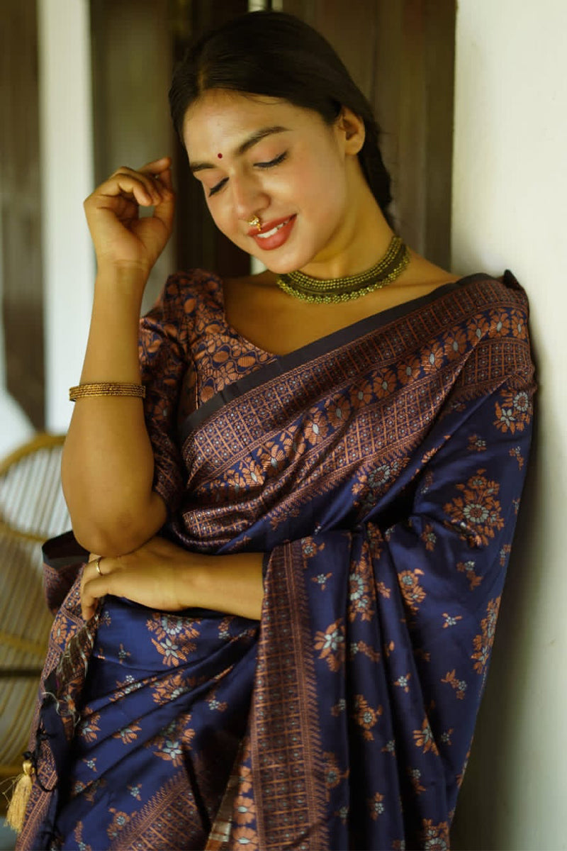 Chatoyant Blue Soft Silk Saree With Extraordinary Blouse Piece