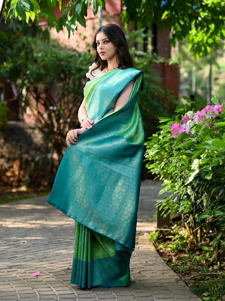 Fairytale Sea Green Soft Banarasi Silk Saree With Preferable Blouse Piece