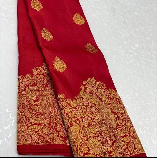 Smashing Red Soft Banarasi Silk Saree With Pleasurable Blouse Piece