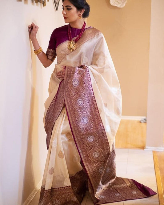 Mesmeric Beige Soft Banarasi Silk Saree With Stunner Blouse Piece