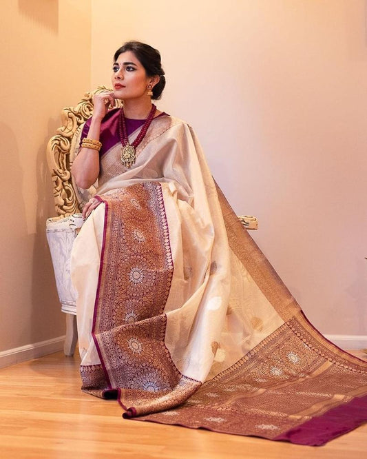 Mesmeric Beige Soft Banarasi Silk Saree With Stunner Blouse Piece