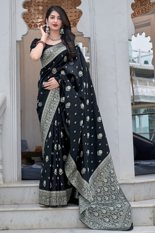 Luxuriant Black Soft Silk Saree With Super Transcendent Blouse Piece