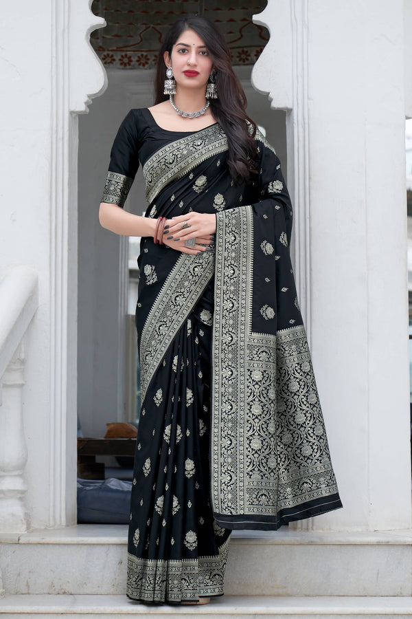 Luxuriant Black Soft Silk Saree With Super Transcendent Blouse Piece