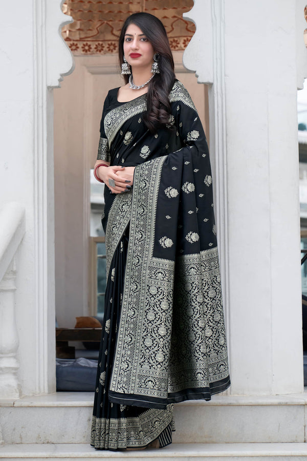 Luxuriant Black Soft Silk Saree With Super Transcendent Blouse Piece