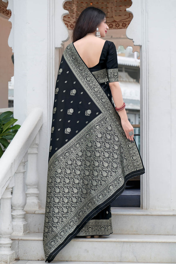 Luxuriant Black Soft Silk Saree With Super Transcendent Blouse Piece