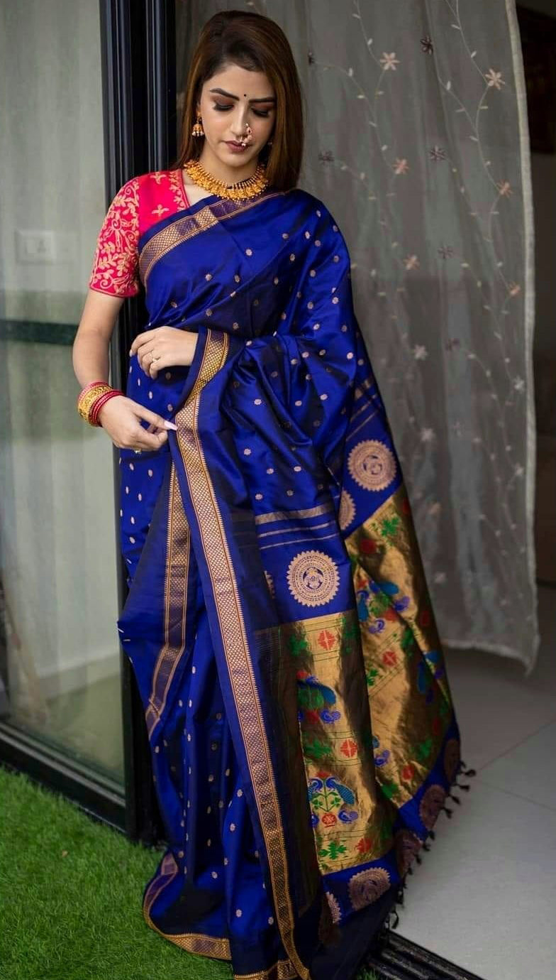 Vestigial Royal Blue Paithani Silk Saree With Denouement Blouse Piece