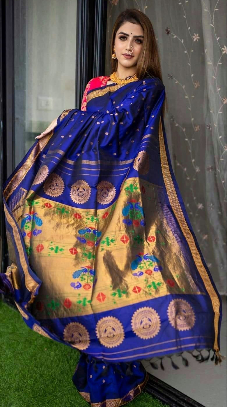 Vestigial Royal Blue Paithani Silk Saree With Denouement Blouse Piece