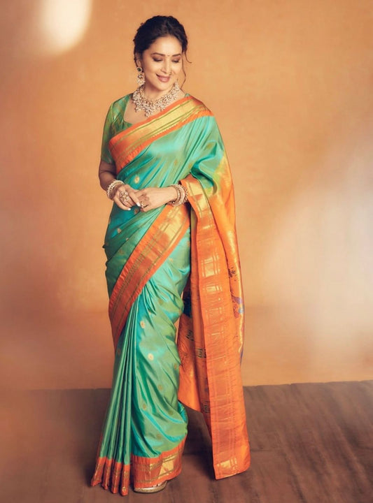 Glowing Firozi Soft Silk Saree With Blooming Blouse Piece