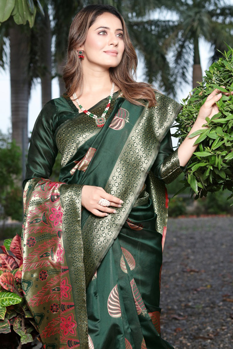 Fairytale Dark Green Soft Banarasi Silk Saree With Ravishing Blouse Piece