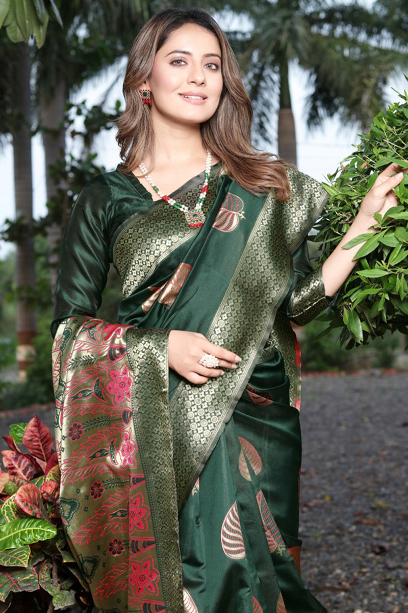 Fairytale Dark Green Soft Banarasi Silk Saree With Ravishing Blouse Piece