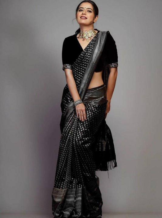 Murmurous Black Soft Silk Saree With Petrichor Blouse Piece