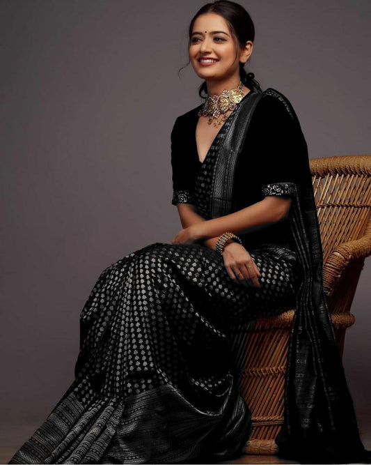 Murmurous Black Soft Silk Saree With Petrichor Blouse Piece