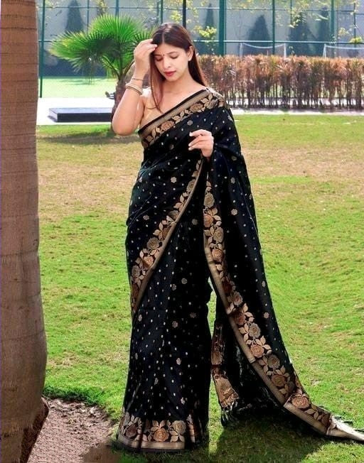 Dissemble Black Soft Banarasi Silk Saree With Lagniappe Blouse Piece