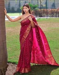 Mellifluous Dark Pink Soft Banarasi Silk Saree With Beleaguer Blouse Piece