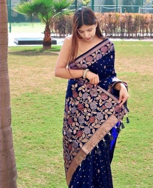 Petrichor Navy Blue Soft Banarasi Silk Saree With Super extravagant Blouse Piece