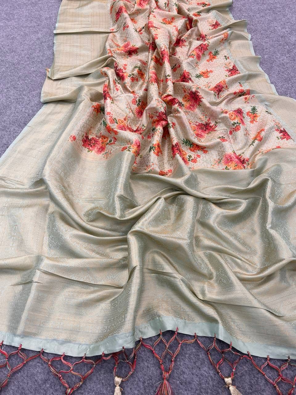 Majesty Beige Digital Printed Soft Silk Saree With Precious Blouse Piece