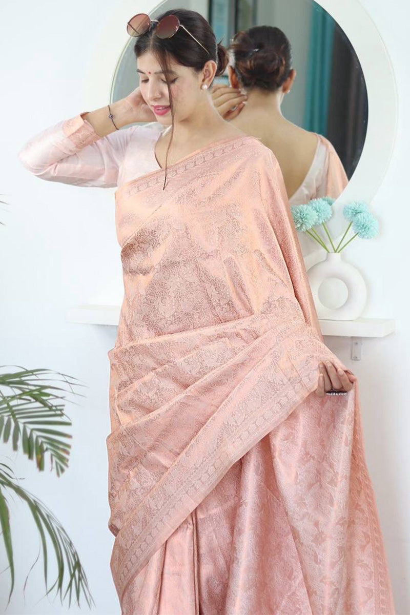 Charming Baby Pink Kanjivaram Silk Saree With Majestic Blouse Piece