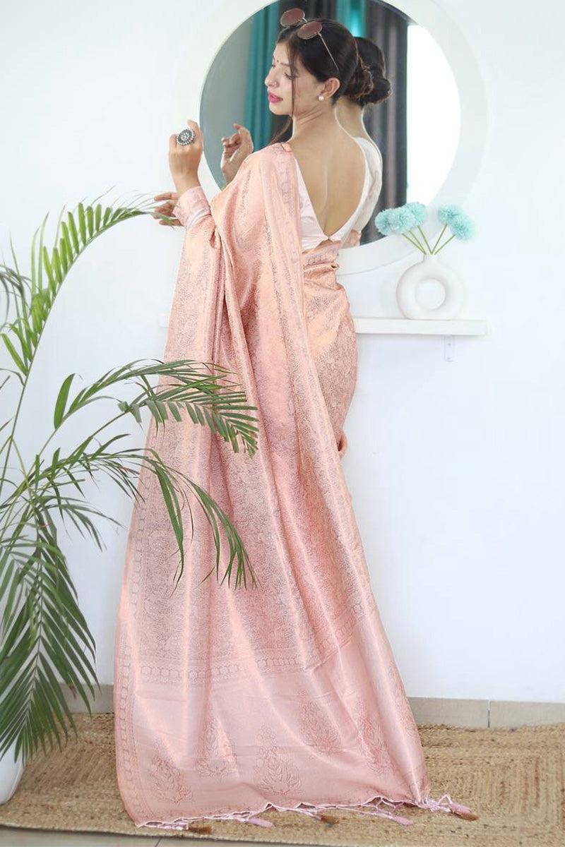 Charming Baby Pink Kanjivaram Silk Saree With Majestic Blouse Piece