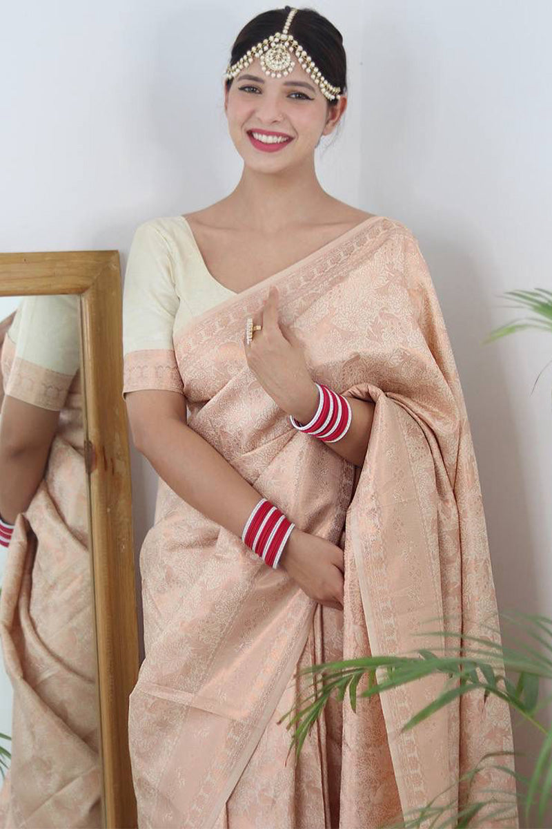 Girlish Beige Kanjivaram Silk Saree With Whimsical Blouse Piece