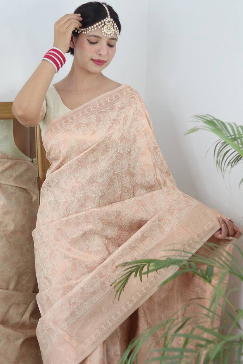 Girlish Beige Kanjivaram Silk Saree With Whimsical Blouse Piece