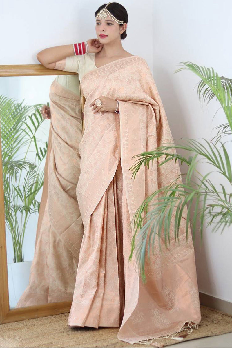 Girlish Beige Kanjivaram Silk Saree With Whimsical Blouse Piece