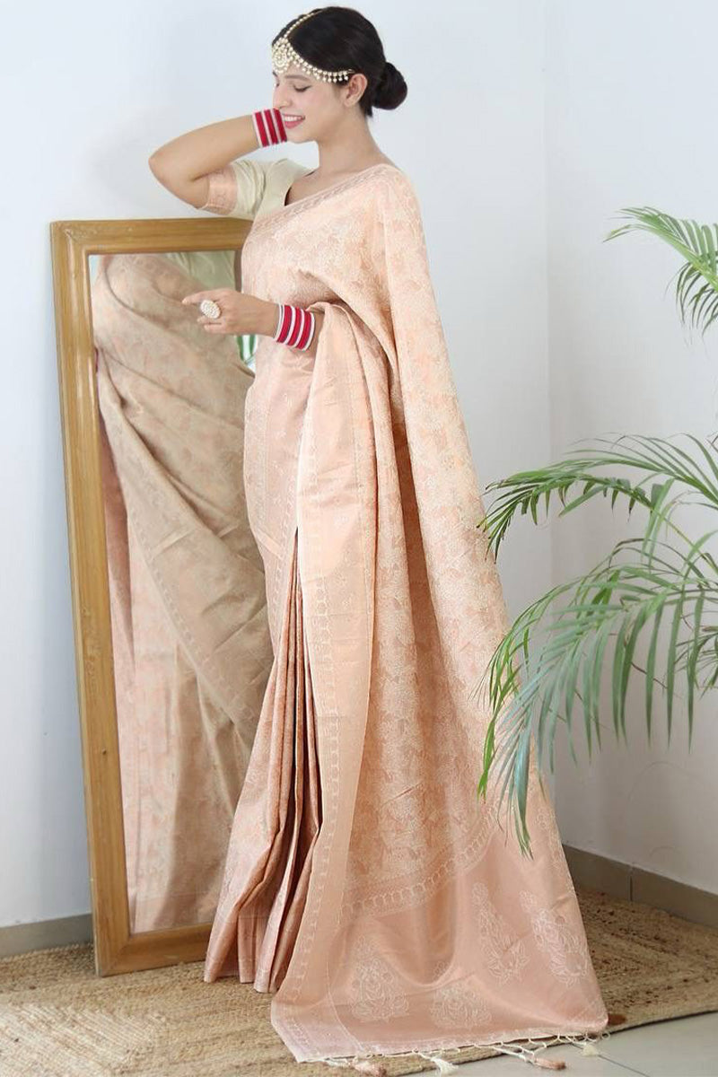 Girlish Beige Kanjivaram Silk Saree With Whimsical Blouse Piece