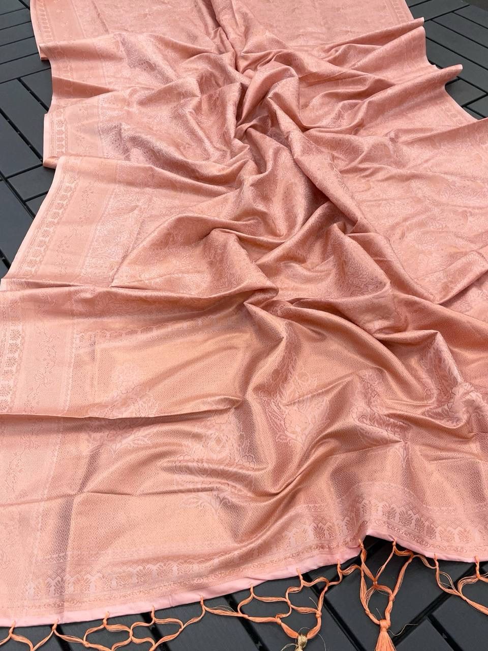 Appealing Peach Kanjivaram Silk Saree With Whimsical Blouse Piece