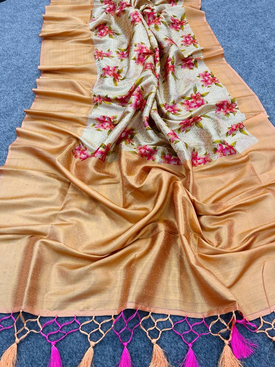 Twirling Beige Digital Printed Soft Silk Saree With Designer Blouse Piece