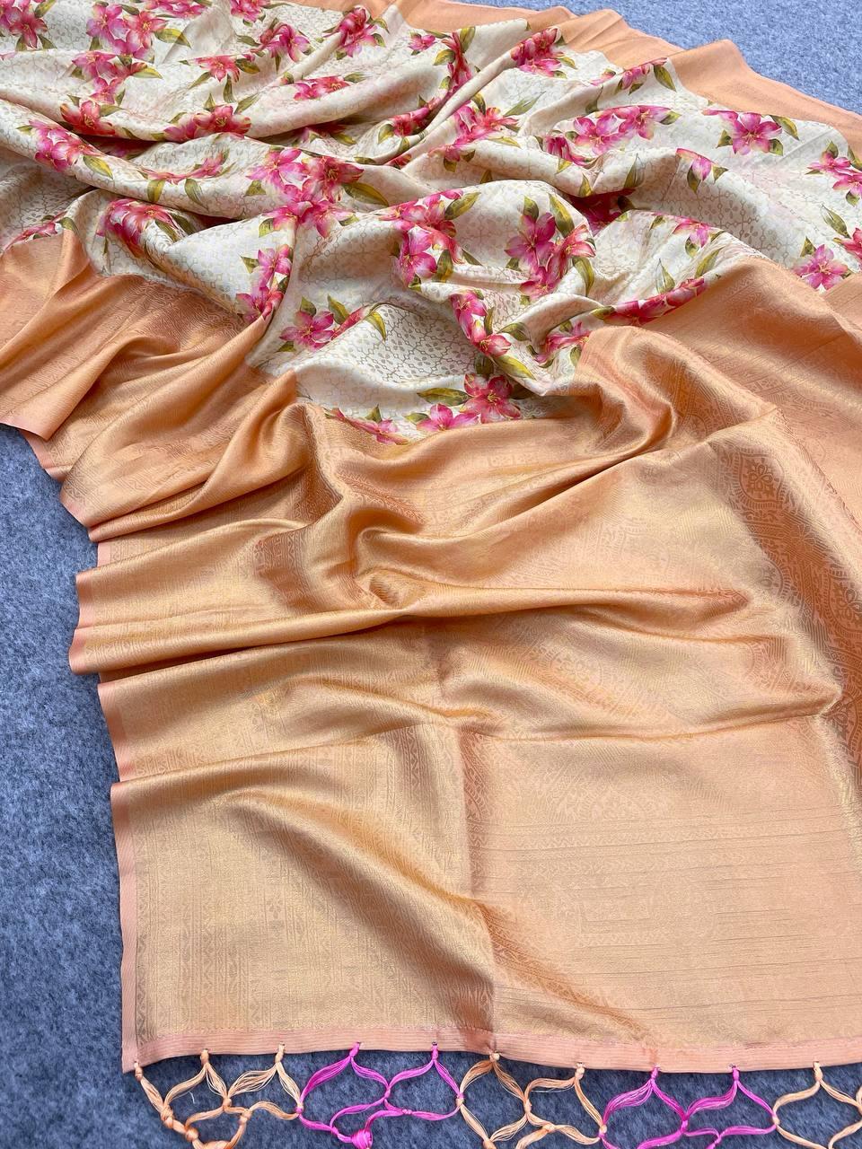 Twirling Beige Digital Printed Soft Silk Saree With Designer Blouse Piece