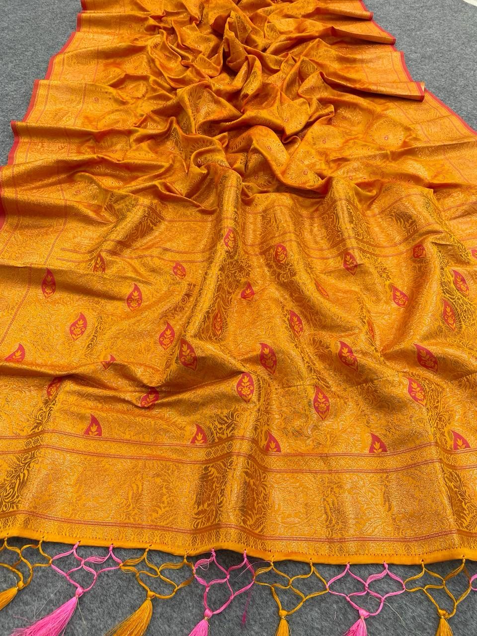 Breathtaking Mustard Kanjivaram Silk Saree With Panache Blouse Piece