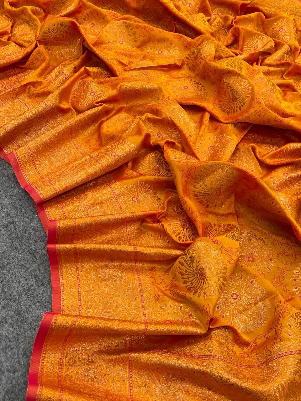 Breathtaking Mustard Kanjivaram Silk Saree With Panache Blouse Piece