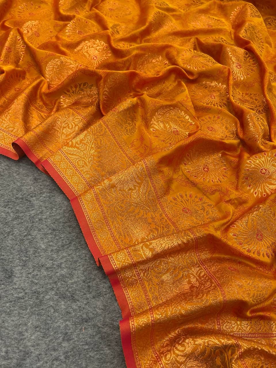 Breathtaking Mustard Kanjivaram Silk Saree With Panache Blouse Piece