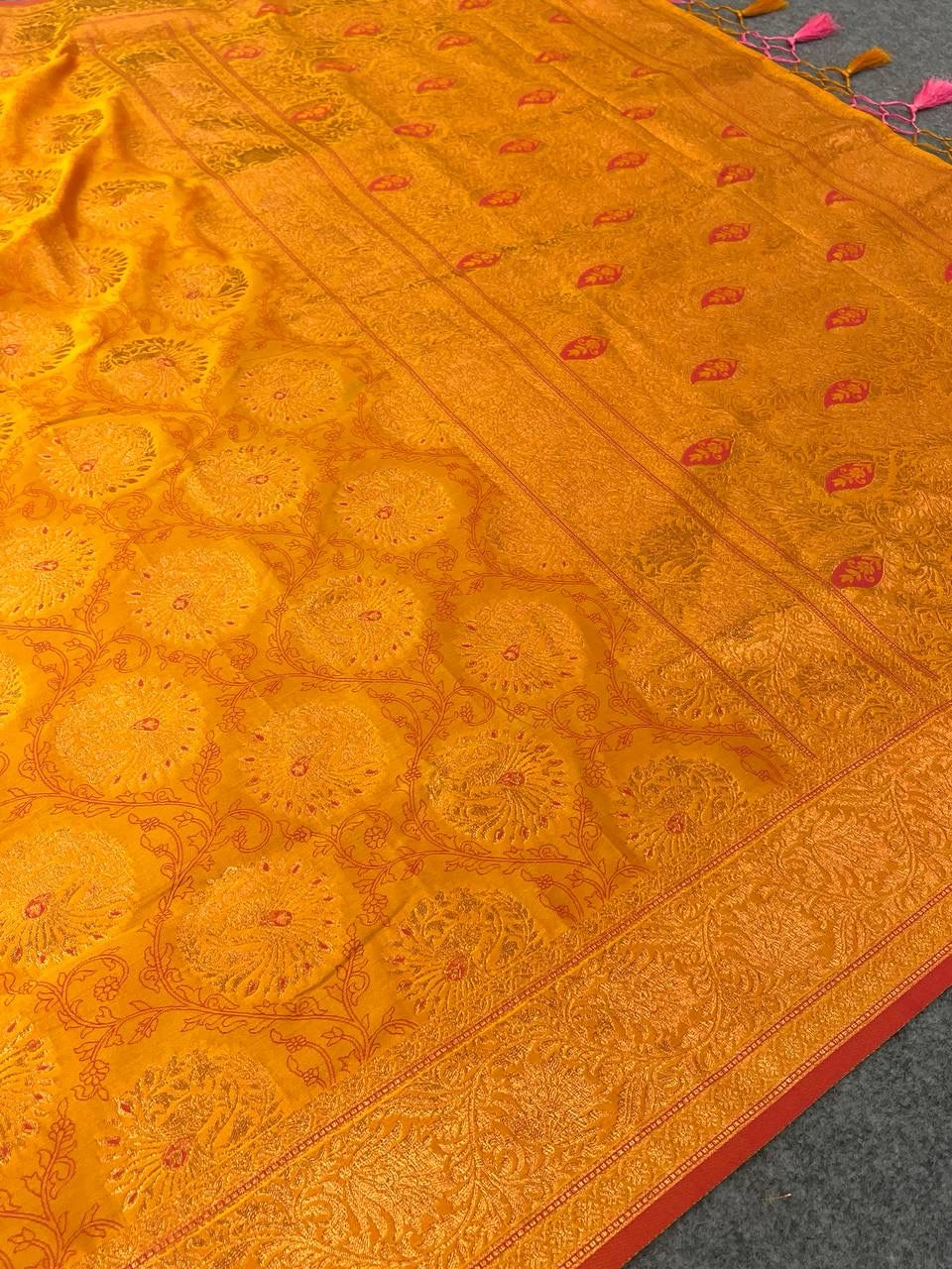 Breathtaking Mustard Kanjivaram Silk Saree With Panache Blouse Piece