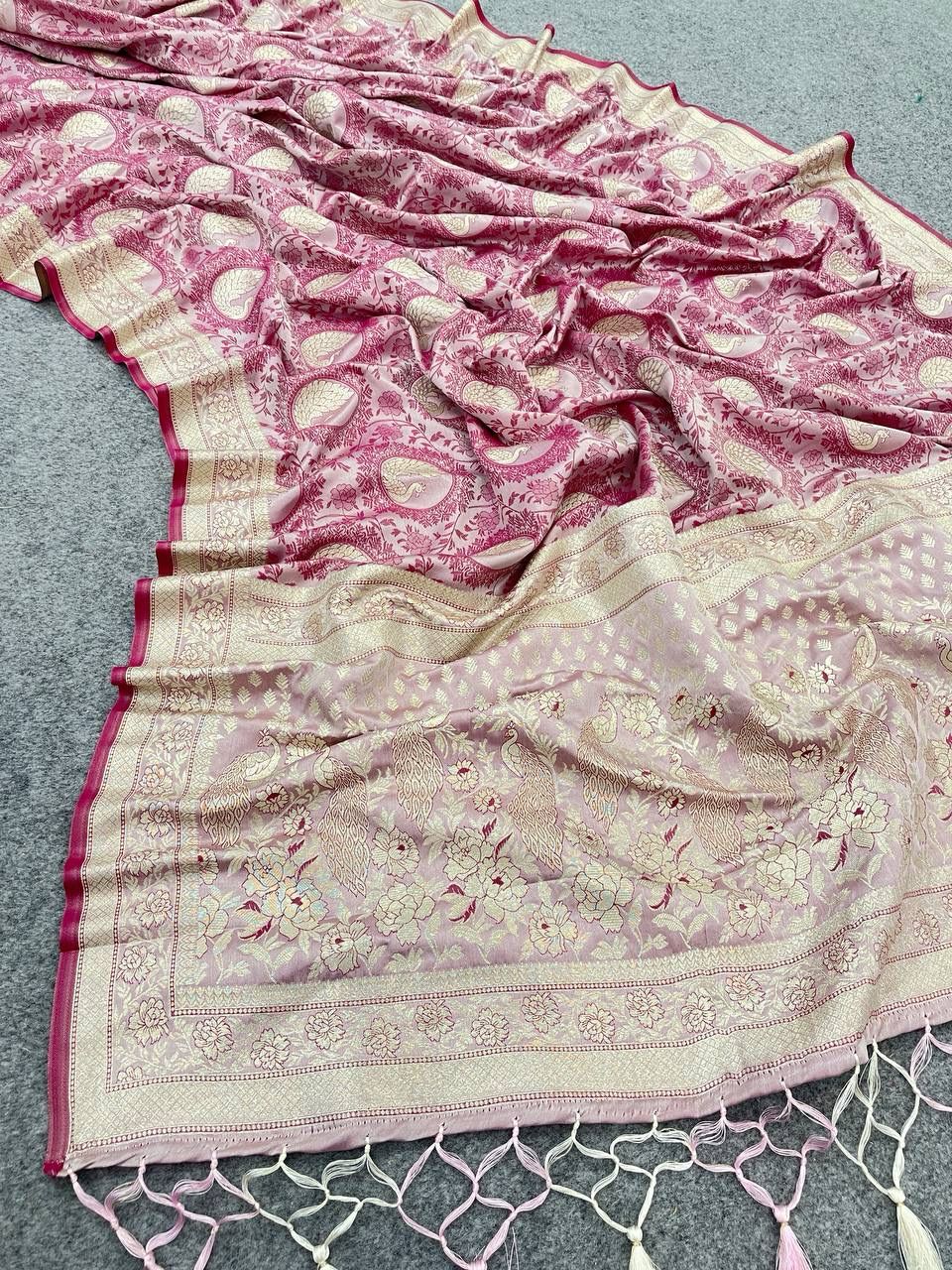 Symmetrical Pink Soft Banarasi Silk Saree With Winsome Blouse Piece