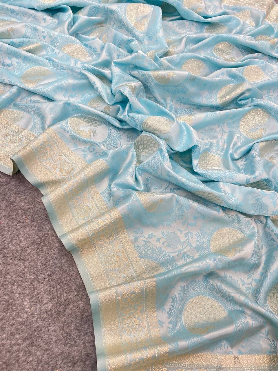 Flameboyant Sky Soft Banarasi Silk Saree With Jubilant Blouse Piece