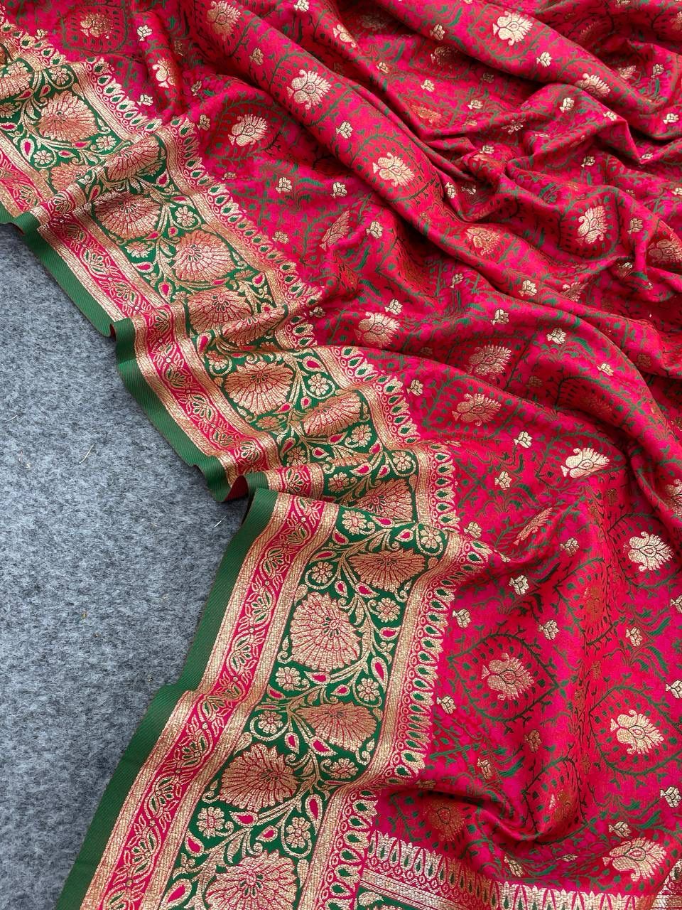 Impressive Dark Pink Soft Banarasi Silk Saree With Quixotic Blouse Piece